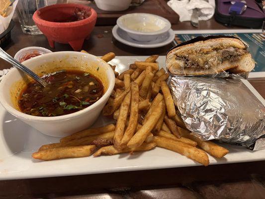 Birria Torta with fries