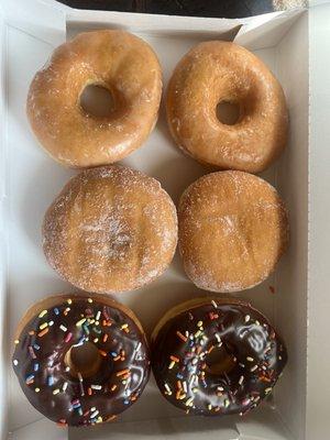 Donuts- original glaze, jelly, and chocolate sprinkles.