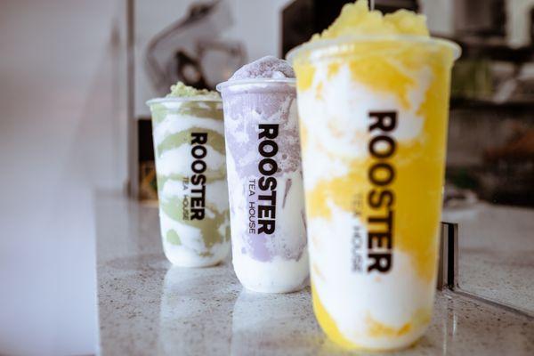 Mango slush, taro slush, matcha slush with foam