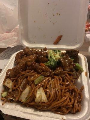 39. General Tso's Chicken, low mein, and beef and broccoli