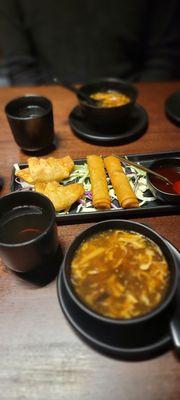 Crab Rangoon Wontons, lumpias, and hot and sour soup.