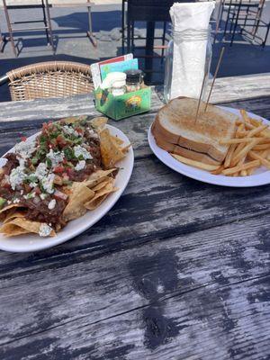 Drunk nachos and patty melt with fries