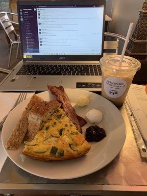 Frittata with massive whole grain toast, and a side of bacon.