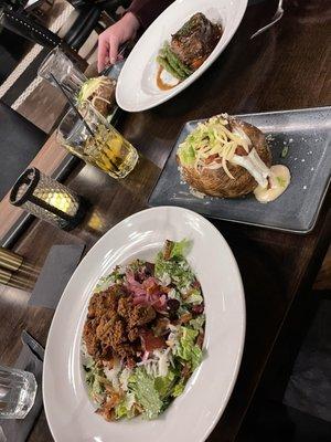 Bacon and bleu salad, loaded baked potatoes and the short rib