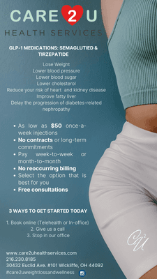 Medical Weight Loss
Semaglutide & Tirzepatide 
Starting at $50
No contract
No reoccurring billing