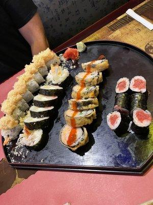 Left to right: Monster, Rock and Roll, Dynamite, Spicy Tuna. All with eel sauce and spicy Mayo on the side.