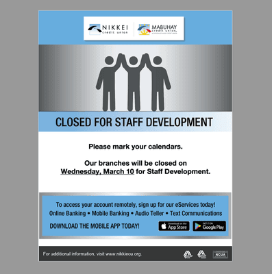 Please mark your calendars, our branches will be #closed on Wednesday, March 10 for #StaffDevelopment.