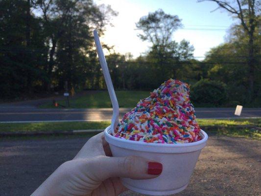 Small soft serve twist in a cup with rainbow shots!