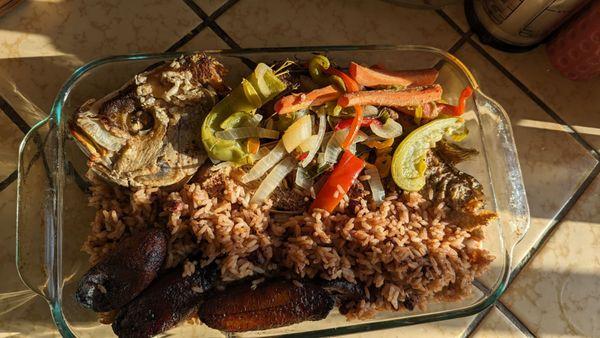 Roasted snapper, escovich, red beans and rice, and plantains.