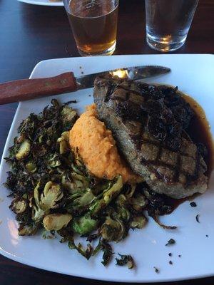 NY Strip special with cherry demi glace. Served with mashed sweet potatoes and roasted shredded Brussels sprouts.