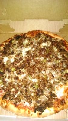 The Steak pizza with bell peppers and onions is amazing. Its one of my favorites!And the delivery people are always really nice.