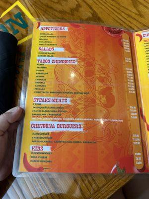 The back of the menu