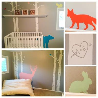 Vivian's woodland nursery! Birch trees...a deer, fox, squirrel, bunny, birds and bear, oh my!