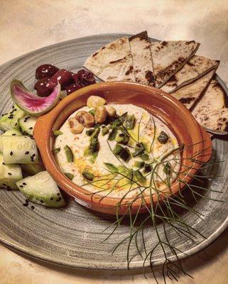 Spicy pepper Hummus, sesame cucumber salad, Kalamata olives