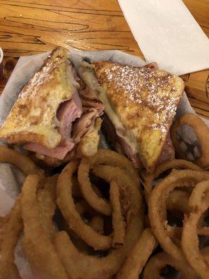 Monte cristo and onion rings.  Monte cristo is made from scratch, 4 out of 5 stars!