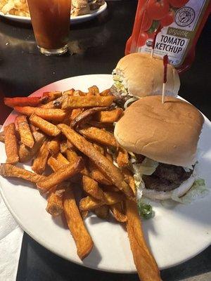 Double cheeseburger sliders and sweet potato fries. Yummy.