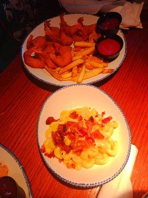 Shrimp and fries and Mac and cheese with bacon bits