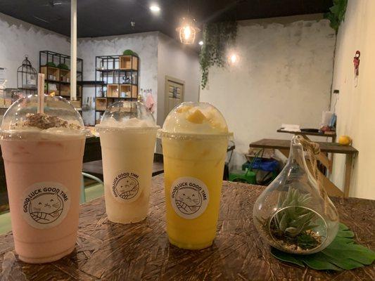 Left to right; Rose Latte, Lychee Smoothie and Dirty Mango Milk Tea