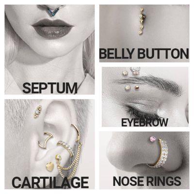 Lobe piercing $20 ($40 for both) Helix/Cartlidge $45 All Body Piercings $55. Prices include standard jewelry.