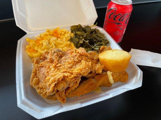 Catfish plate with Mac and cheese and greens plus a cornbread muffin and an a la carte chicken thigh