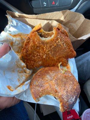 This is a buffalo sauce sandwich with some chicken added