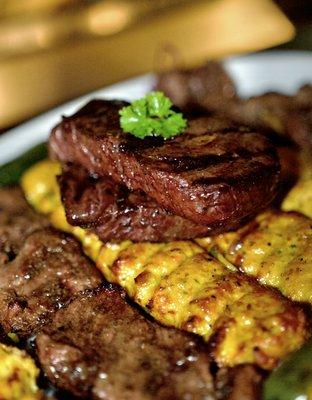 Filet mignon, chicken kofta, and shami kebab