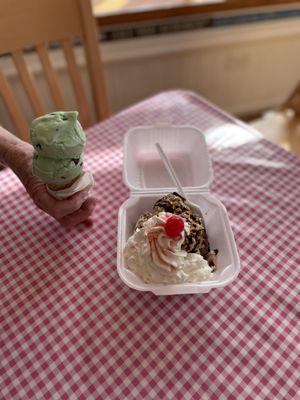 Mint choc chip sugar cone & Malt Ball Ice Cream DONUT Sundae. Not a misprint.