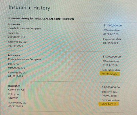 Public records indicating that against state law, Yire's has been operating without insurance, exposing clients to financial and legal risk.