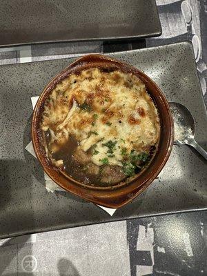 French Onion soup!  Super cheesy and onions perfectly caramelized