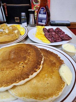 Pancakes, waffles, eggs, turkey bacon