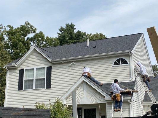 Roof almost completed. Be sure all pipe boots are replaced along with all bathroom vents. This beautiful roof color is Moire Black