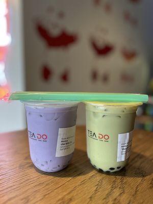 Ube milk tea with jelly and matcha green tea with tapioca