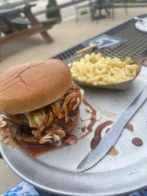 Pulled pork sandwich and Mac and cheese