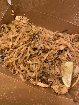 Dried out chicken Pad Thai, hardly any veggies, no cilantro, shriveled black green onions and barely any chicken.