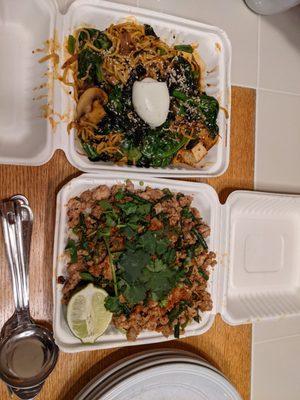 Tofu lomein (top), Thai basil chicken (bottom)