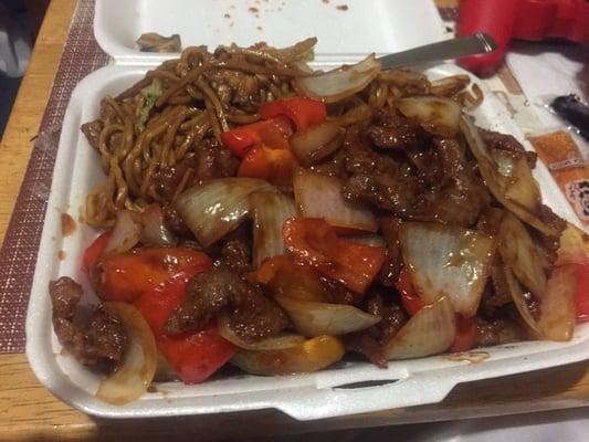 Pepper steak with chicken lo mein