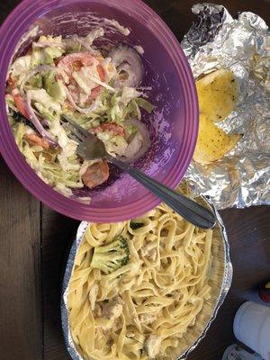 Fettuccine chicken and broccoli, side salad, bread.