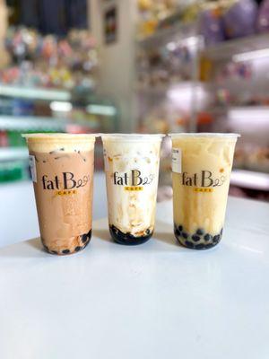 Creme brulee milk tea, brown sugar boba latte & jasmine oat milk tea