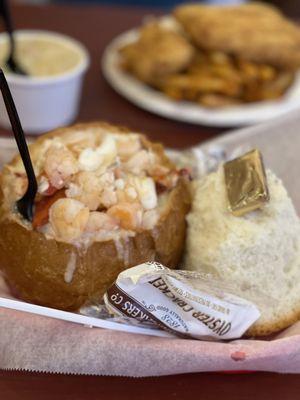 Super seafood chowder soup in a bread bowl !!