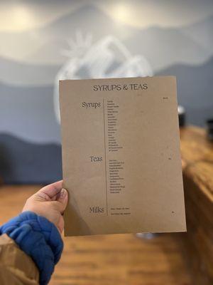 Syrup and teas menu