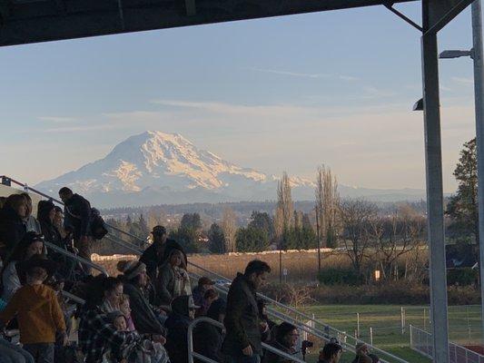 Beautiful view of the snowy mountain from the football field.