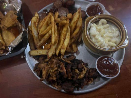 BBQ pulled chicken, kielbasa, fries and mac and cheese