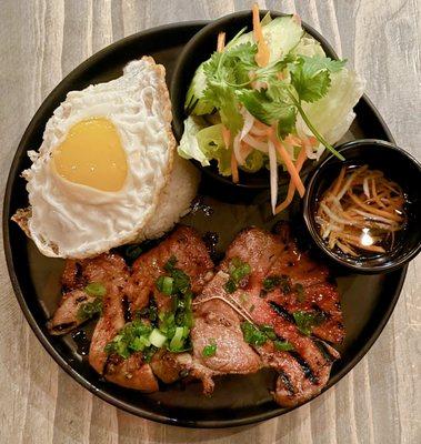 Cơm Sườn Nướng: BBQ Pork Chop w/ rice, salad | $16.50 + $2.50 fried egg