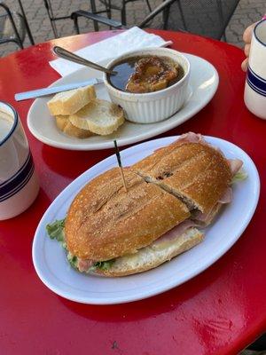 Ham and Brie sandwich with French onion soup