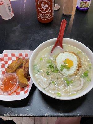 Yasai Ramen with pork and fried egg. And fried pork spring rolls