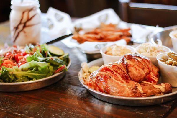 Basket of Fries, Southern Salad, Chicken Platter, Coleslaw Potato Salad, Green Beans, and a Bushwhacker