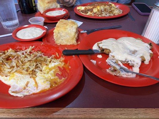 Chicken Fried Steak and eggs with The Best Biscuits we have Ever Eaten.