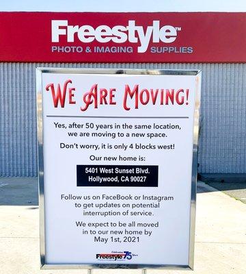 We are moving down the street to 5401 W Sunset Blvd by May 1st 2021.