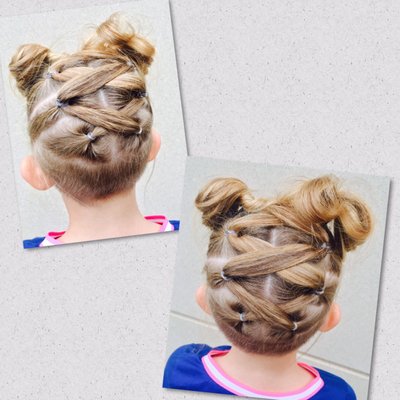 This young client wanted to try a funky new hair do. Ribbon style in the back with top knots.