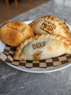 Pan de Bono, beef and mushroom empanadas